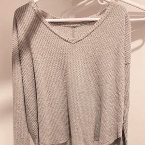 Grey Waffle-Knit Off-Shoulder Shirt